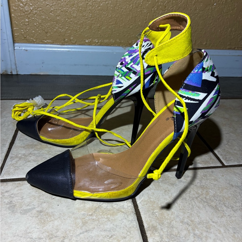 Qupid Yellow and Black Patterned Heels